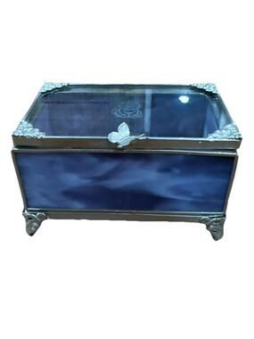 Blue Glass Jewelry Trinket Box with Silver Accents